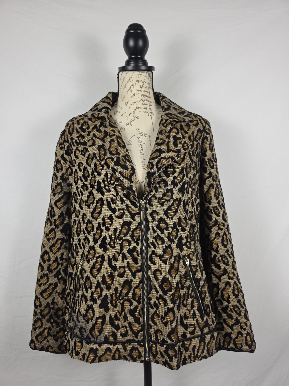 Chico’s Leopard Print Tapestry Zip Front Jacket Faux Leather Trim - 2 (L/12)